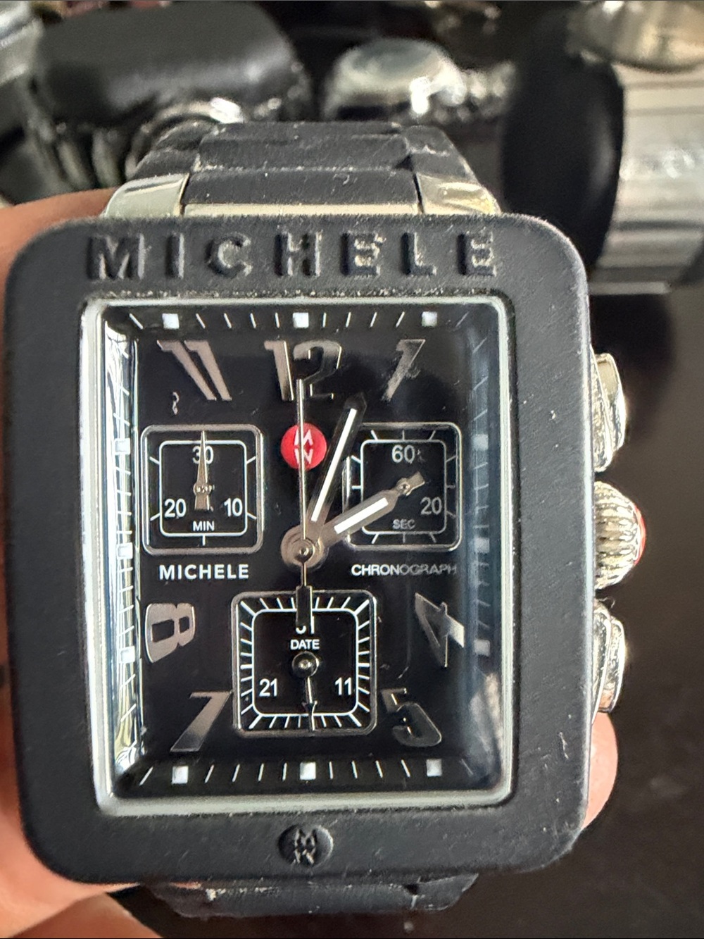 Michele Black Dial Black Strap Chronograph with Red Logo Accent
